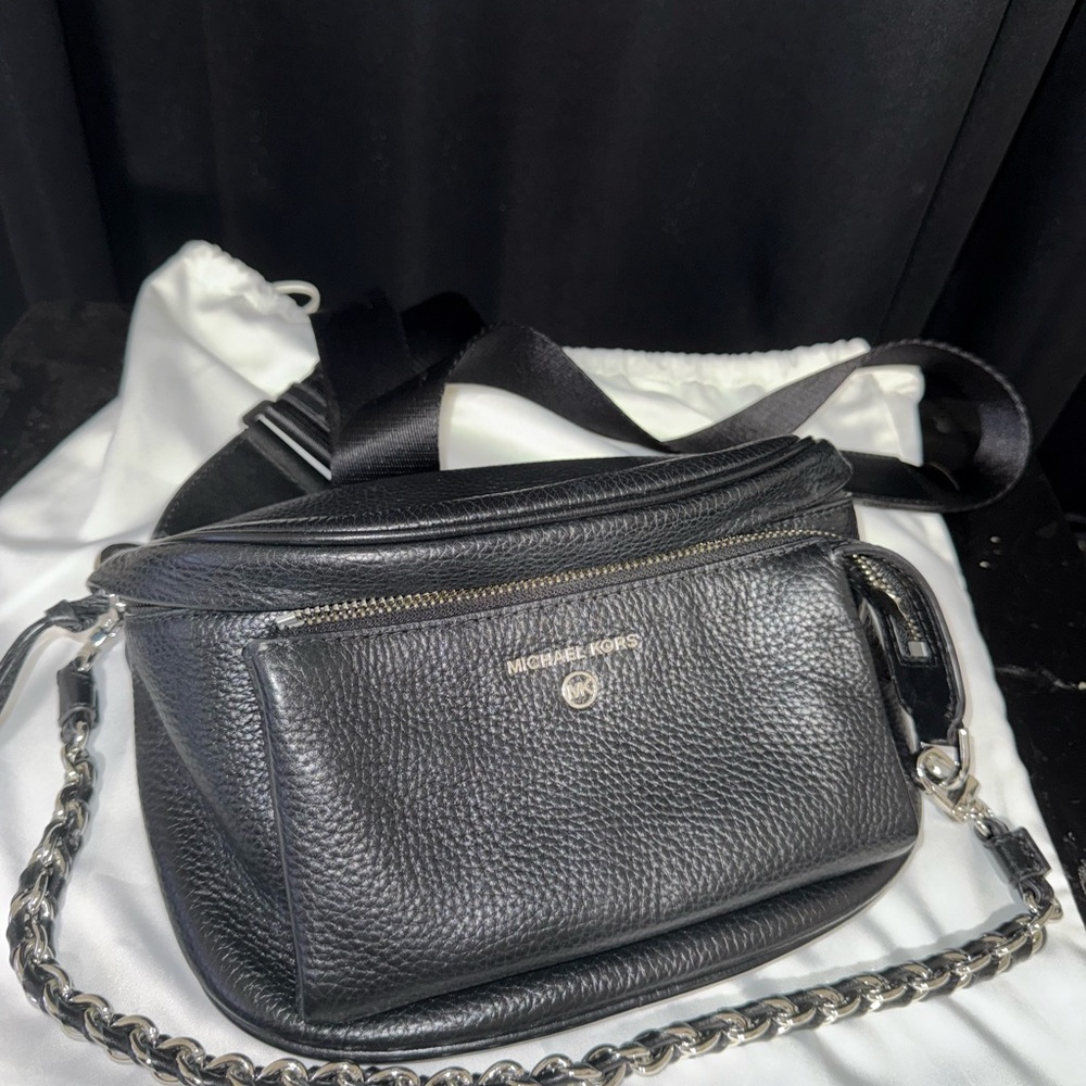 Michael Kors Black Pebbled Leather Chain-Accent Crossbody